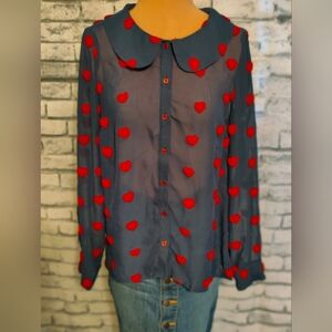 ModCloth sheer Navy retro Blouse Peter Pan Collar 3D Hearts Valentines Day M